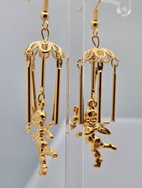 Angel Drop Earrings Cage Design 2.5" Statement Vintage Gold Tone Chandelier
